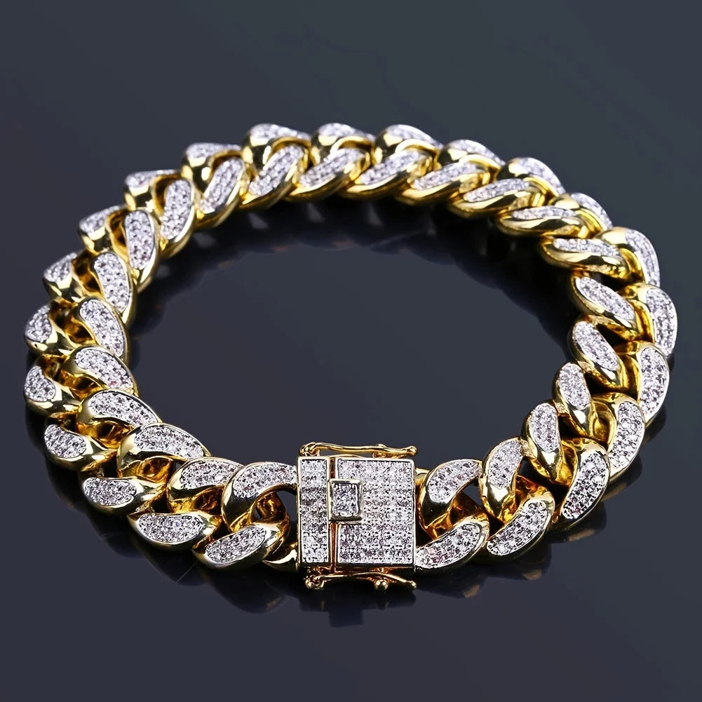 Pulsera de lujo con cadena cubana y diamantes de imitación para hombre, joyería hip-hop con cristales engastados, pulsera brillante de acero inoxidable, regalo