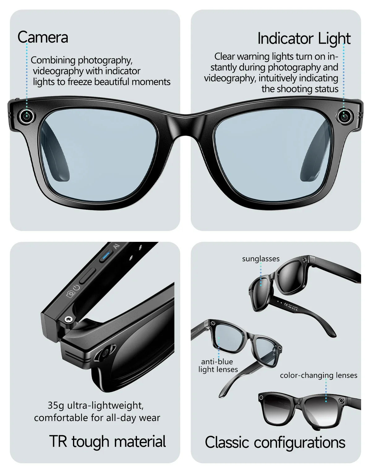 Gafas inteligentes con IA 2026 con cámara de 8 MP, grabación de video, traducción a más de 100 idiomas, Bluetooth, llamadas y reproducción de música. Para hombres y mujeres.