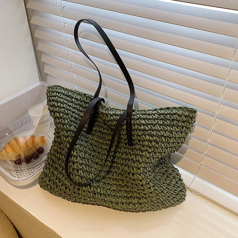 Bolso de mano para mujer, bolso de playa de verano, ratán tejido a mano, paja tejida, gran capacidad, bolsos de mano de cuero para mujer, bolso de hombro bohemio nuevo