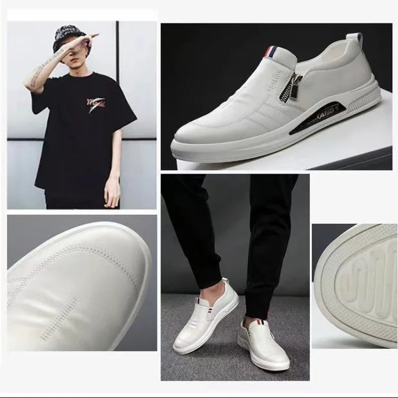 Zapatos casuales de cuero para hombre, mocasines con cremallera, zapatillas de marca de lujo para hombre, cómodos, casuales, mocasines, zapatos para conducir al aire libre.