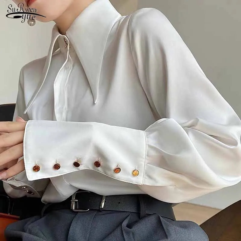 Blusa de mujer elegante de estilo vintage para otoño, ideal para la oficina, con cuello vuelto y mangas largas.