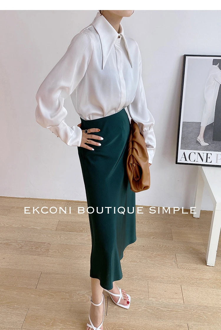 Blusa de mujer elegante de estilo vintage para otoño, ideal para la oficina, con cuello vuelto y mangas largas.