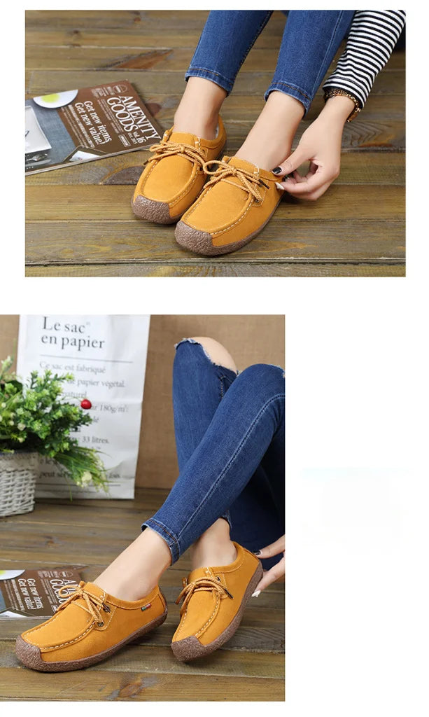Zapatos casuales de mujer de nueva colección 2025: bailarinas de ante y piel, mocasines con cordones, zapatos de moda para mujer, tallas grandes 35-42.