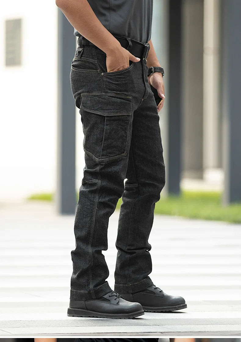 Pantalones vaqueros tácticos para hombre, estilo militar, de mezclilla, cargo, con múltiples bolsillos, elásticos, informales, para trabajo, entrenamiento y senderismo al aire libre.