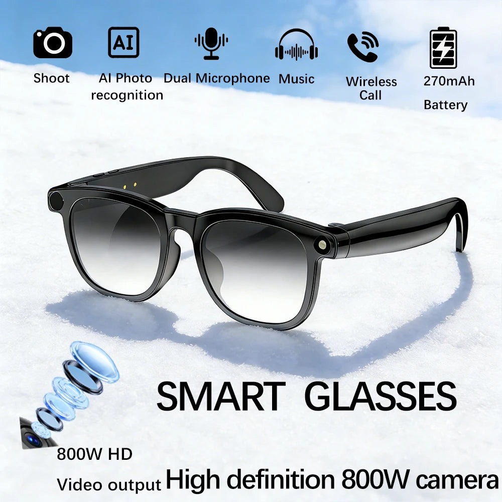 Gafas inteligentes con cámara de píxeles de 800 W, foto y vídeo, gafas de sol con IA, traducción de conversaciones, reuniones de oficina, música y reconocimiento de IA.