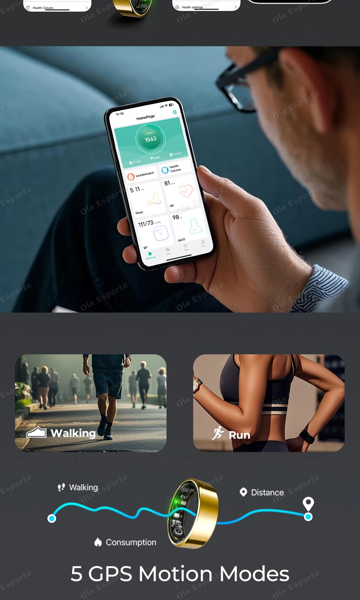 Anillo inteligente para hombres y mujeres con control de cámara, monitor de frecuencia cardíaca y oxígeno en sangre. Resistente al agua IP68 y 5ATM. Modo multideporte.
