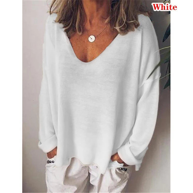 Camiseta de mujer de moda de verano, color liso, estilo casual, versátil, holgada, con cuello en V, manga larga, estilo Y2K.
