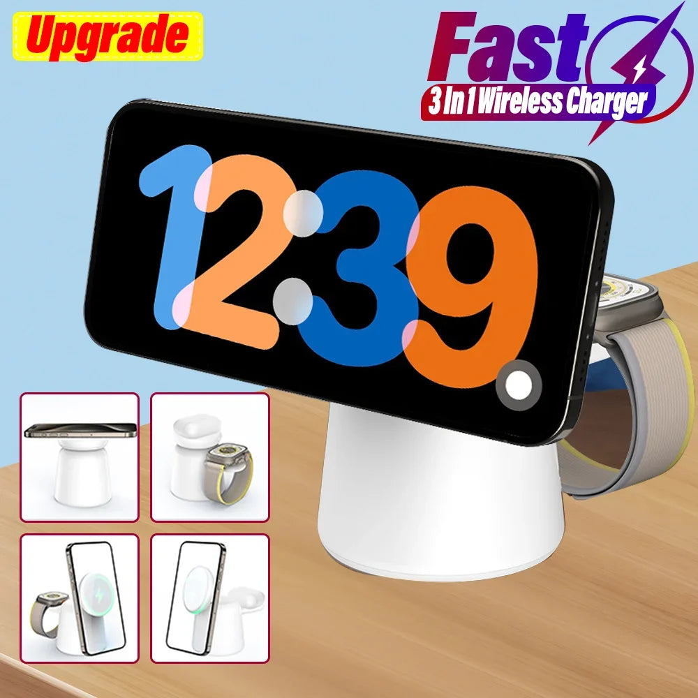 Soporte cargador inalámbrico magnético plegable 3 en 1 para iPhone 15, 14, 13, 12 Pro Max, AirPods, Apple Watch 9, 8, 7 y 6. Base de carga rápida.