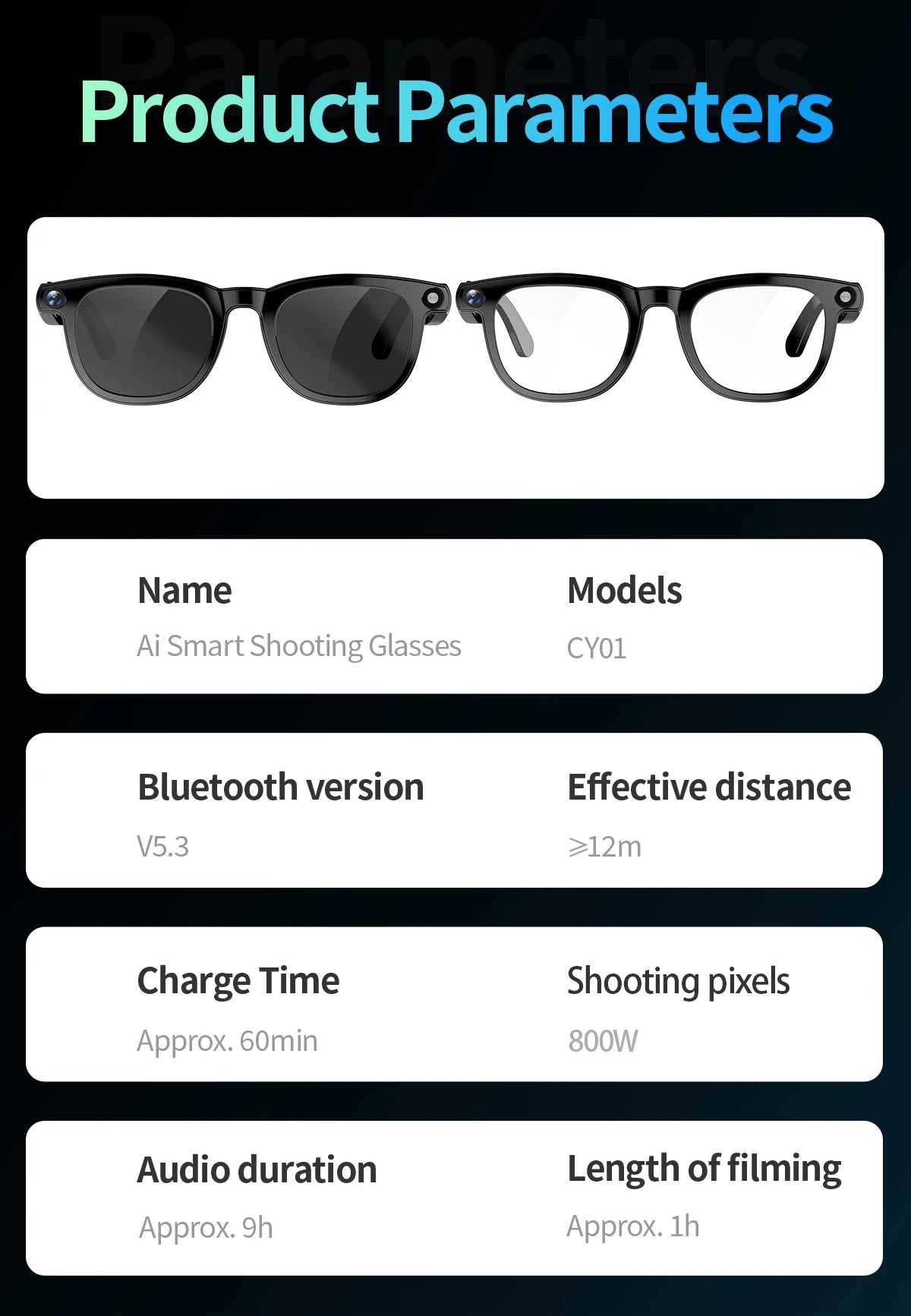 Gafas inteligentes con cámara de píxeles de 800 W, foto y vídeo, gafas de sol con IA, traducción de conversaciones, reuniones de oficina, música y reconocimiento de IA.