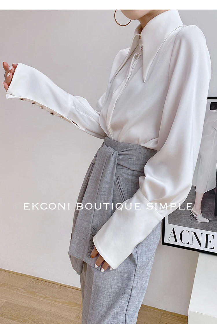 Blusa de mujer elegante de estilo vintage para otoño, ideal para la oficina, con cuello vuelto y mangas largas.