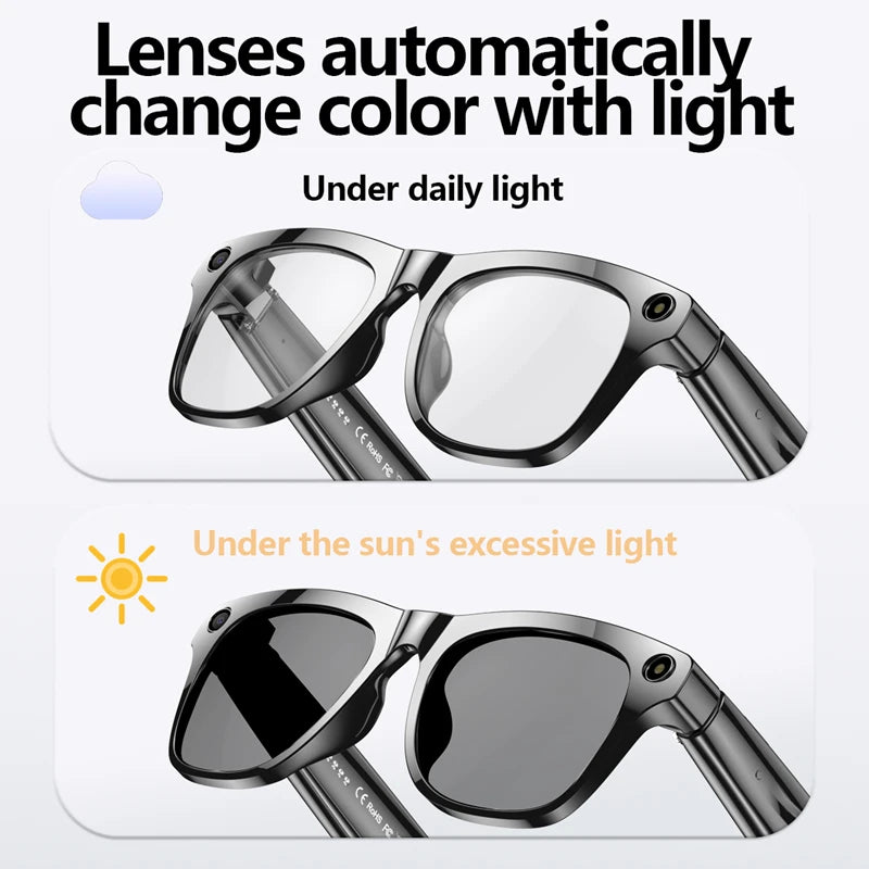 Gafas inteligentes 4K HD con IA, fotocromáticas, multifunción, Bluetooth, llamadas, asistente de voz, reproductor de música, traductor y cámara.
