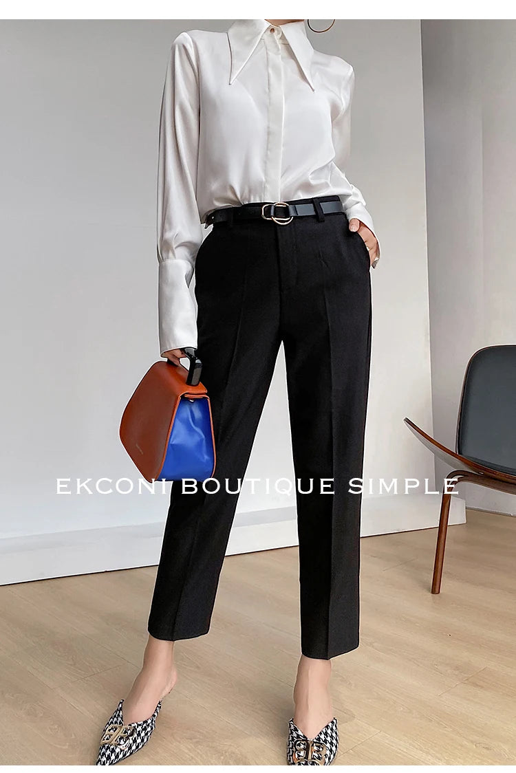 Blusa de mujer elegante de estilo vintage para otoño, ideal para la oficina, con cuello vuelto y mangas largas.