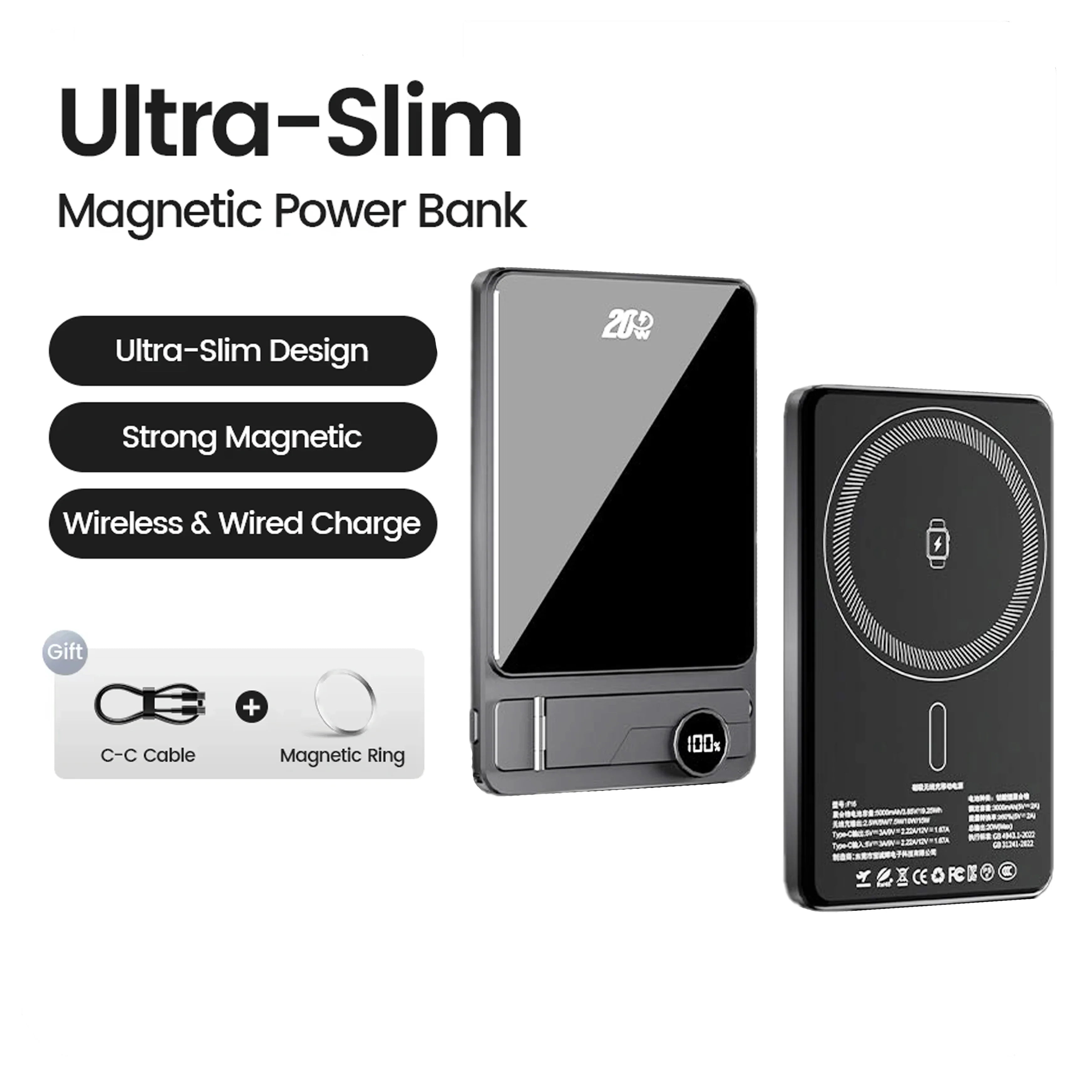 Batería externa de 5000 mAh y 10000 mAh con certificación CCC, estándar chino, con soporte, compatible con MagSafe, carga rápida inalámbrica magnética de 20 W.