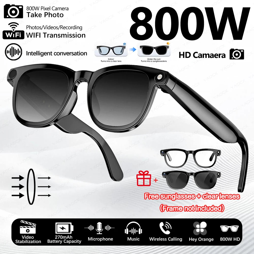 Gafas inteligentes con cámara de píxeles de 800 W, foto y vídeo, gafas de sol con IA, traducción de conversaciones, reuniones de oficina, música y reconocimiento de IA.