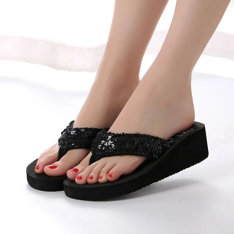 Sandalias de verano para mujer, lentejuelas, chanclas de playa para mujer, pantuflas de tacón alto para mujer, zapatos de cuña con plataforma 2024.
