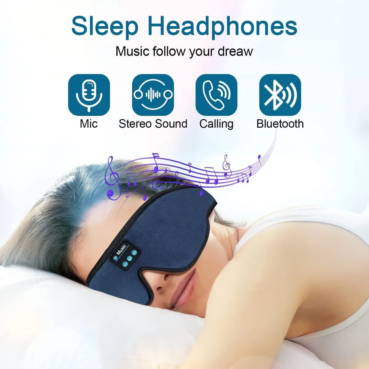 Auriculares para dormir 3D Bluetooth 5.0 con diadema, inalámbricos, transpirables, con antifaz musical, ideales para quienes duermen de lado y para viajes en avión.