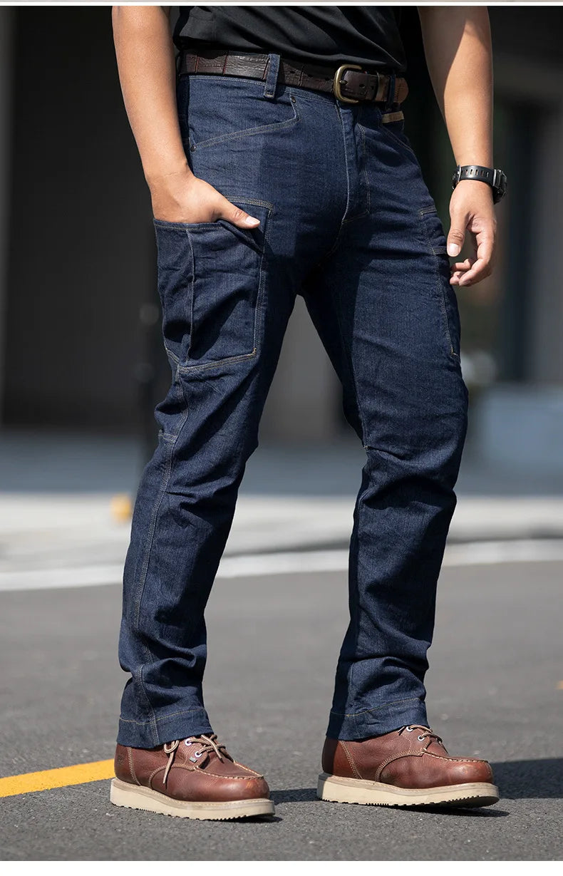 Pantalones vaqueros tácticos para hombre, estilo militar, de mezclilla, cargo, con múltiples bolsillos, elásticos, informales, para trabajo, entrenamiento y senderismo al aire libre.