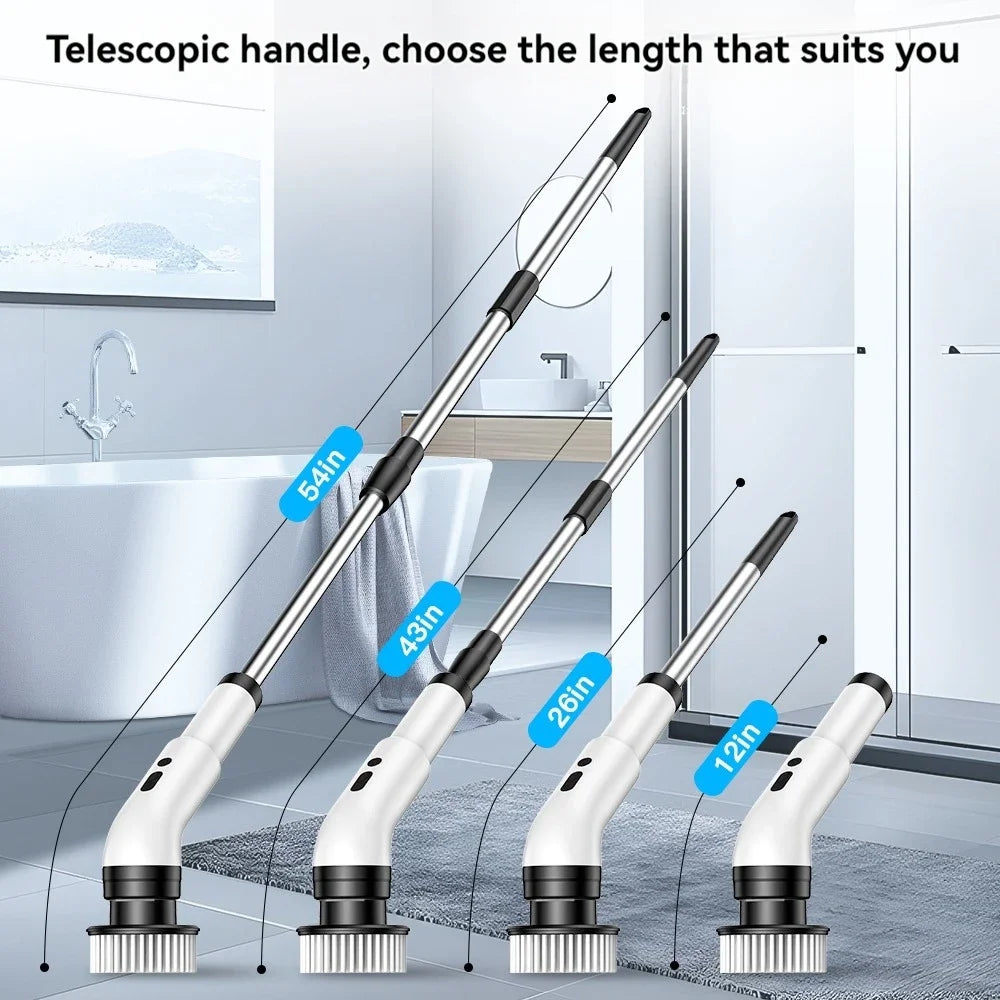 Cepillo de limpieza eléctrico 9 en 1 inalámbrico telescópico de mano para el hogar, cocina, suelo y baño, con 9 cabezales de limpieza.