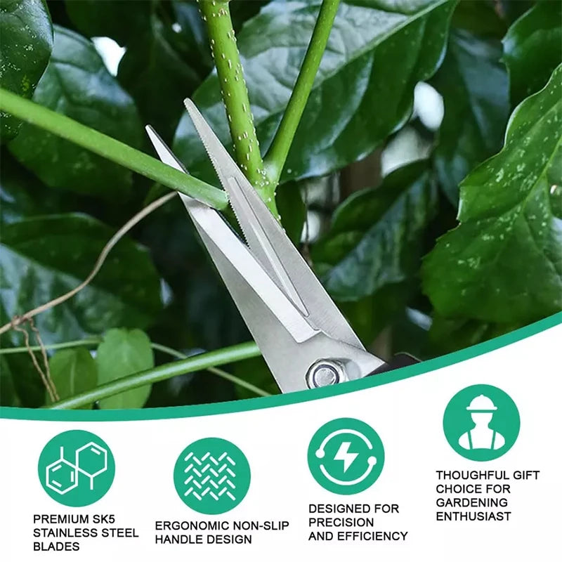 Juego de herramientas de jardinería multiusos con 5 piezas: tijeras de podar, sierra plegable, tijeras para plantas.