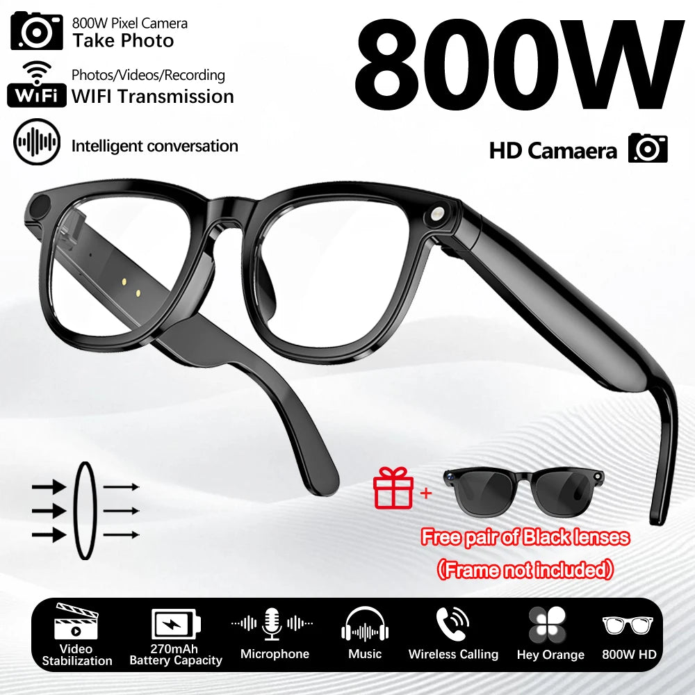 Gafas inteligentes con cámara de píxeles de 800 W, foto y vídeo, gafas de sol con IA, traducción de conversaciones, reuniones de oficina, música y reconocimiento de IA.