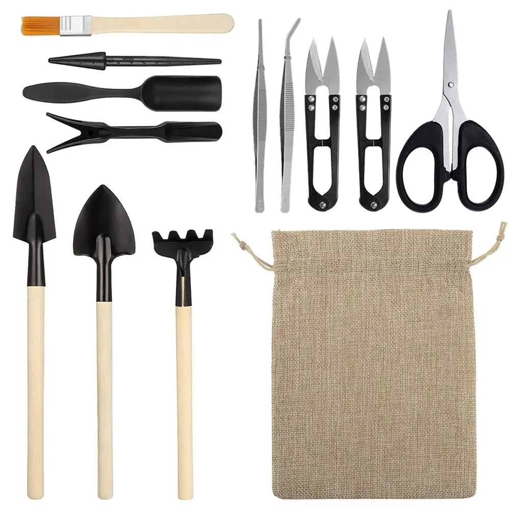 Juego de 13 mini palas, rastrillos, azadas y tijeras para bonsái con mango de madera, ideales para flores, plantas en maceta y deshierbe en el jardín.