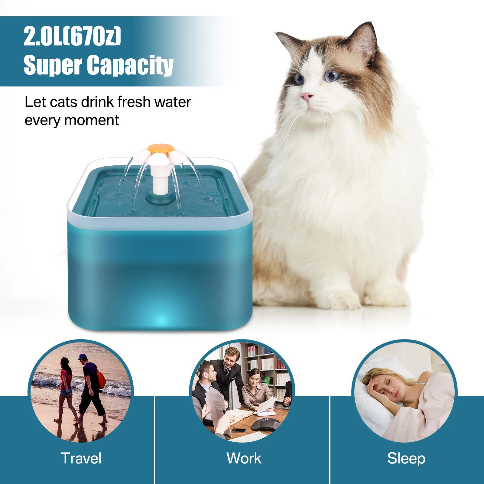 Fuente de agua ultra silenciosa para mascotas de 2 litros (67 oz) con iluminación LED y filtro automático de carbón activado. Dispensador de agua silencioso para gatos y perros pequeños