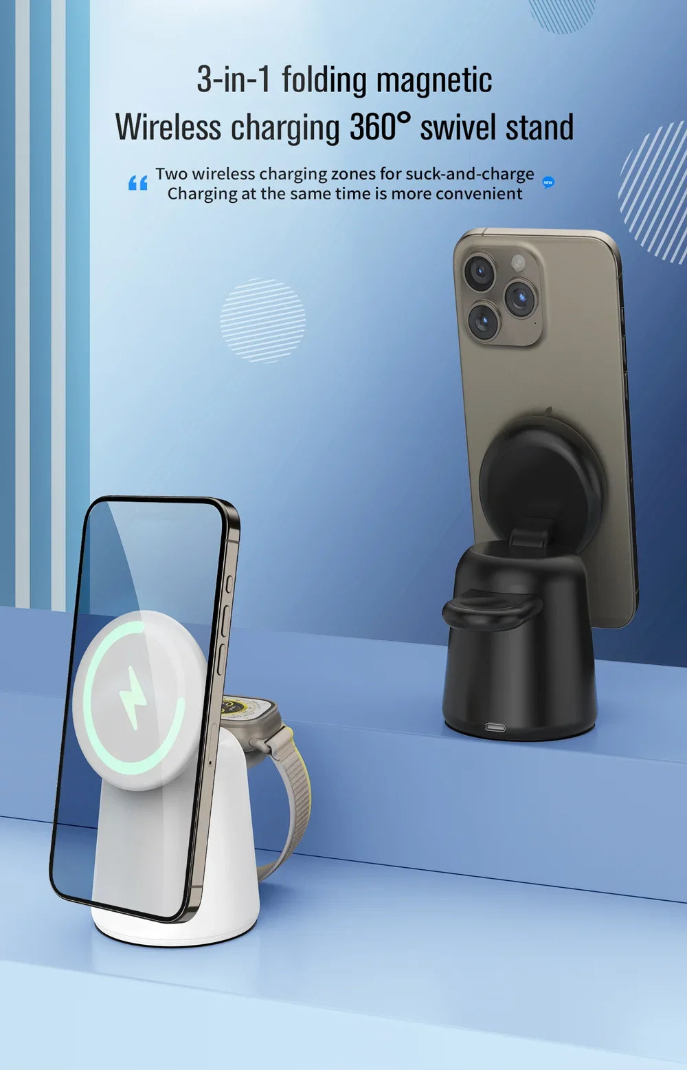 Soporte cargador inalámbrico magnético plegable 3 en 1 para iPhone 15, 14, 13, 12 Pro Max, AirPods, Apple Watch 9, 8, 7 y 6. Base de carga rápida.