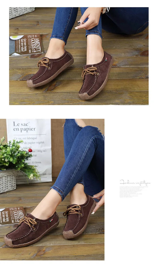 Zapatos casuales de mujer de nueva colección 2025: bailarinas de ante y piel, mocasines con cordones, zapatos de moda para mujer, tallas grandes 35-42.