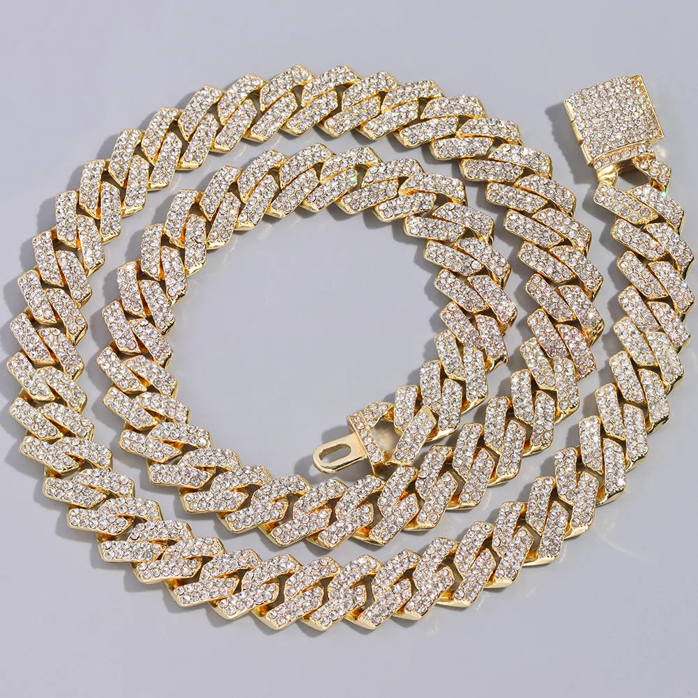 Collar de eslabones cubanos Miami de 14 mm color plata para mujer, con incrustaciones de diamantes de imitación en dos filas, gargantilla cuadrada de eslabones cubanos.