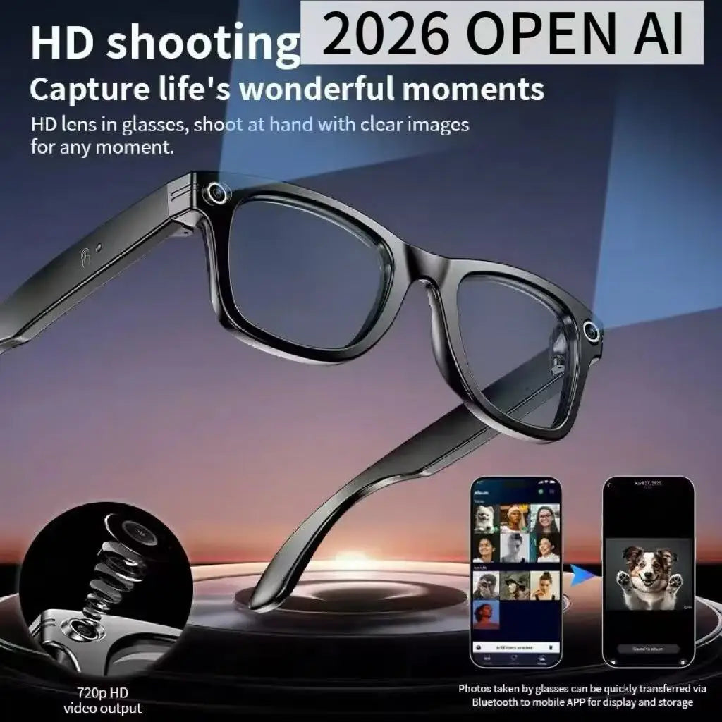 Gafas inteligentes con IA 2026 con cámara de 8 MP, grabación de video, traducción a más de 100 idiomas, Bluetooth, llamadas y reproducción de música. Para hombres y mujeres.