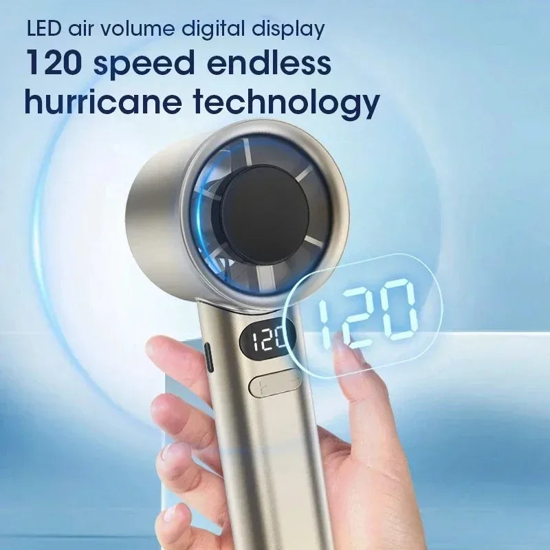Mini ventilador de mano silencioso, 4 velocidades ajustables, con indicador de potencia y medidor de flujo de aire.