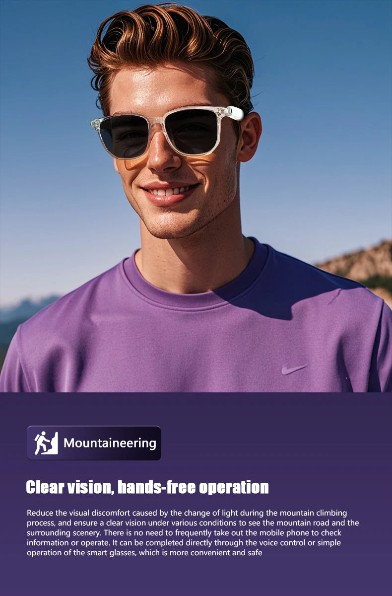 Gafas inteligentes GS03 mejoradas con cámara, grabación de vídeo, reconocimiento fotográfico por IA, traducción de llamadas por Bluetooth y asistente de voz.