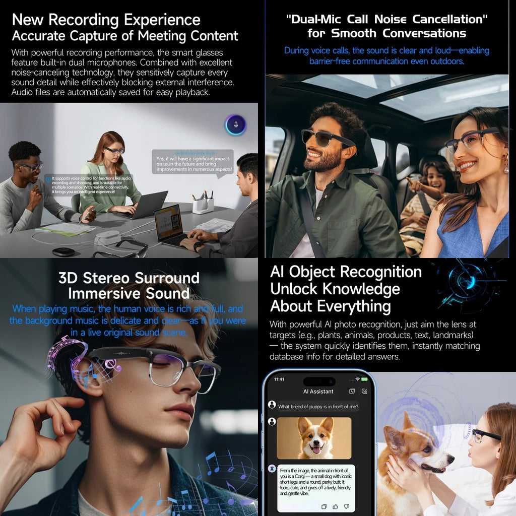 Gafas inteligentes con IA, Bluetooth, 8MP, resistentes al agua (IP66), grabación de video, reconocimiento de fotos y traducción, batería de 290 mAh. Gafas para uso diario.