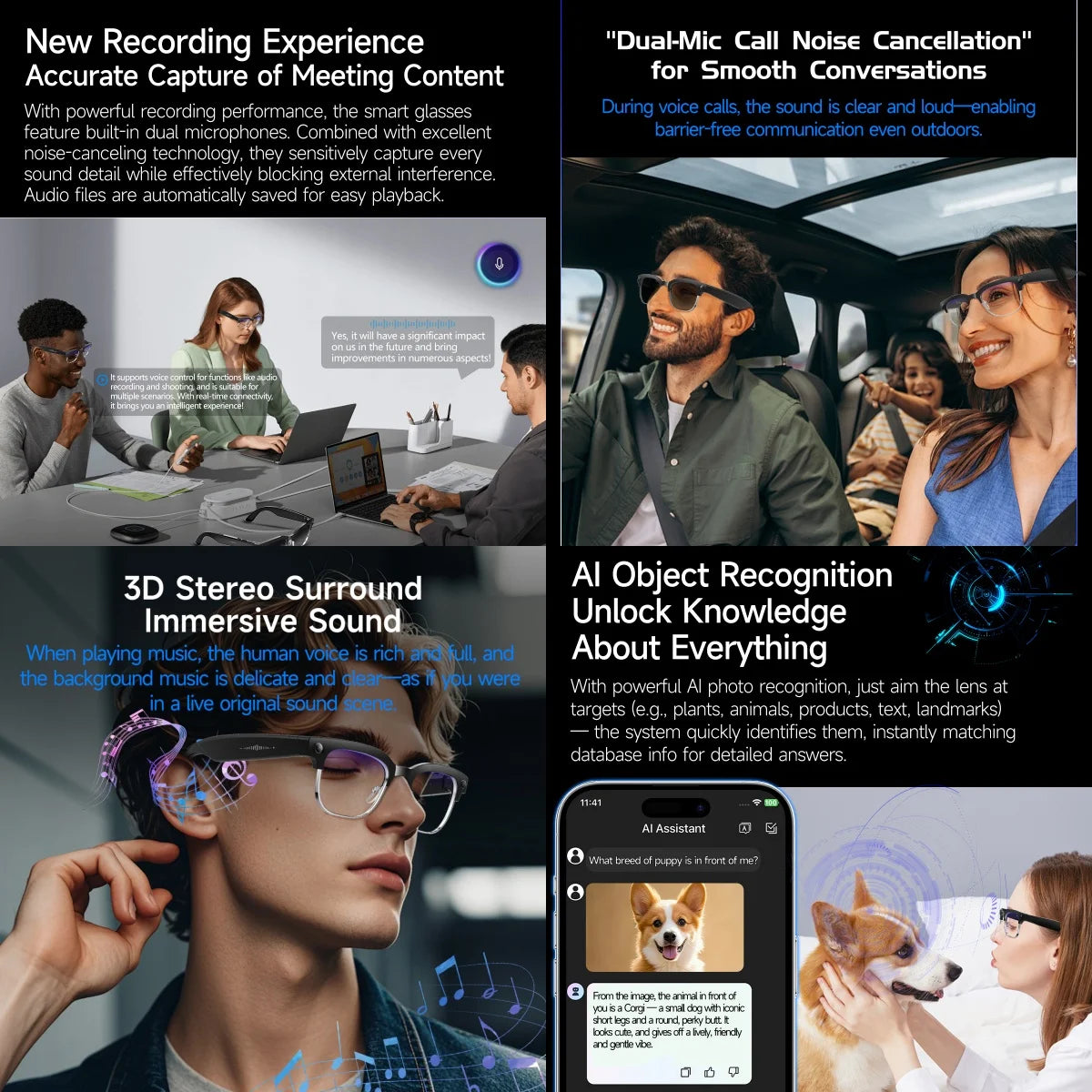 Gafas inteligentes con IA, Bluetooth, 8MP, resistentes al agua (IP66), grabación de video, reconocimiento de fotos y traducción, batería de 290 mAh. Gafas para uso diario.