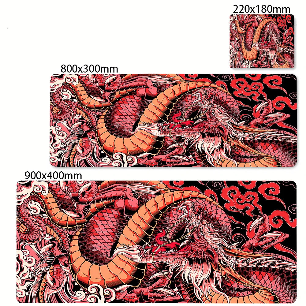 Alfombrilla de ratón grande con diseño de dragón en blanco y negro.