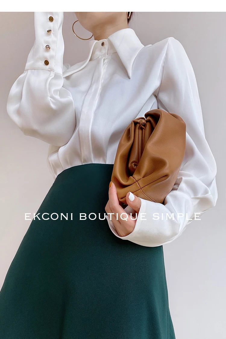 Blusa de mujer elegante de estilo vintage para otoño, ideal para la oficina, con cuello vuelto y mangas largas.