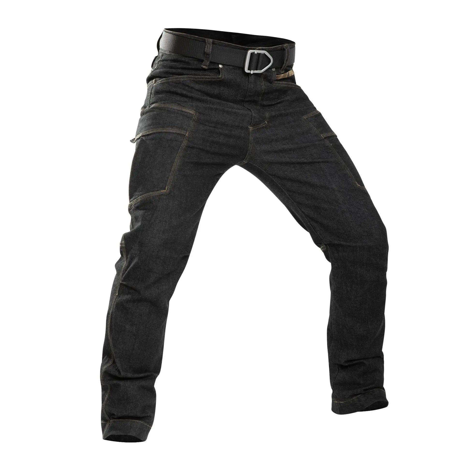 Pantalones vaqueros tácticos para hombre, estilo militar, de mezclilla, cargo, con múltiples bolsillos, elásticos, informales, para trabajo, entrenamiento y senderismo al aire libre.