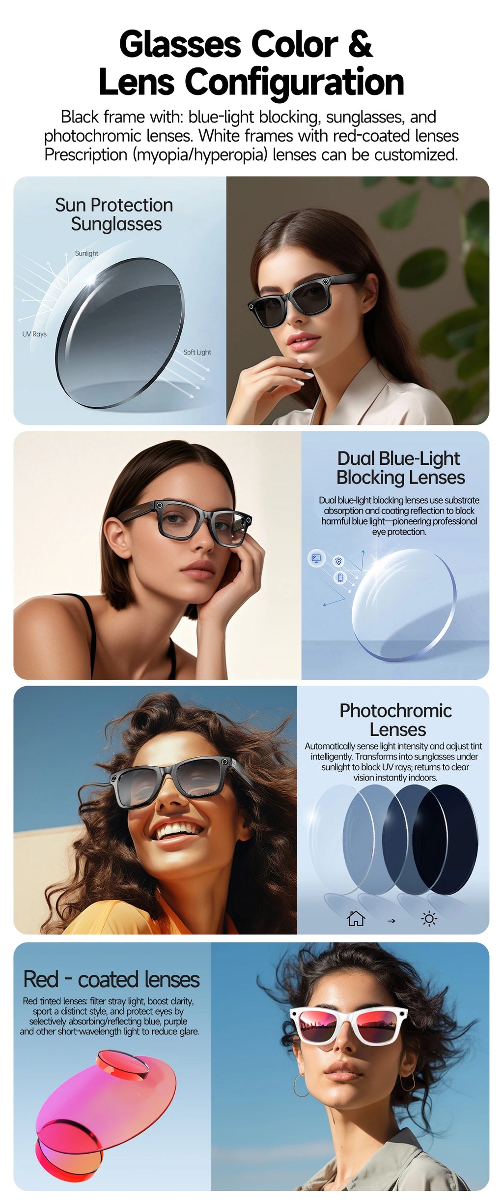 Gafas inteligentes con IA, 800 W, estabilización de imagen, cámara HD, grabación de vídeo, traducción de idiomas, Bluetooth, llamadas y reproducción de música. Para hombre y mujer.