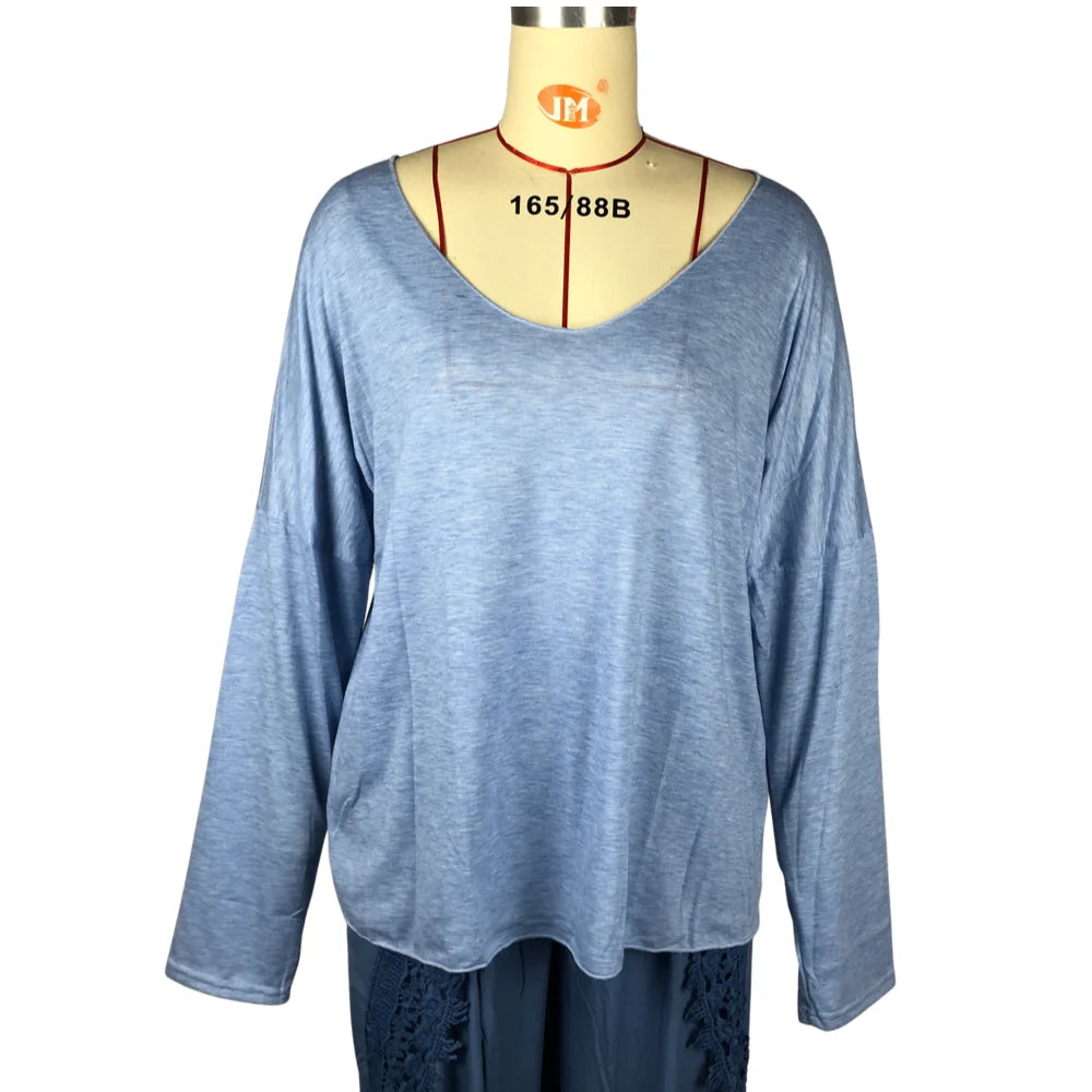 Camiseta de mujer de moda de verano, color liso, estilo casual, versátil, holgada, con cuello en V, manga larga, estilo Y2K.