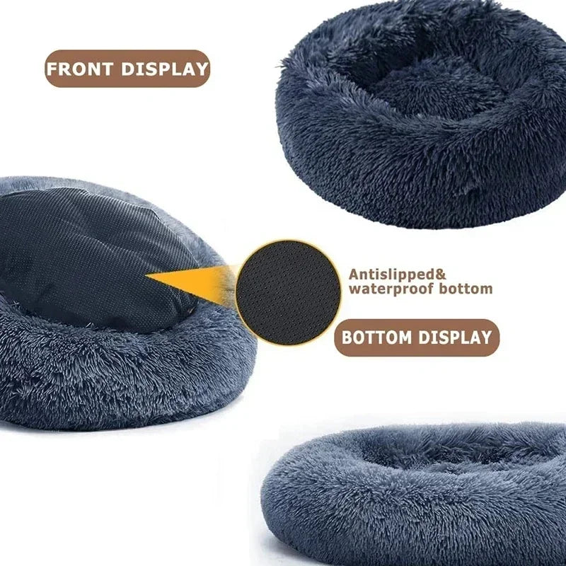 Cama para gatos de pelo largo ultrasuave, de felpa lavable, cama relajante tipo donut, cómoda y funcional.
