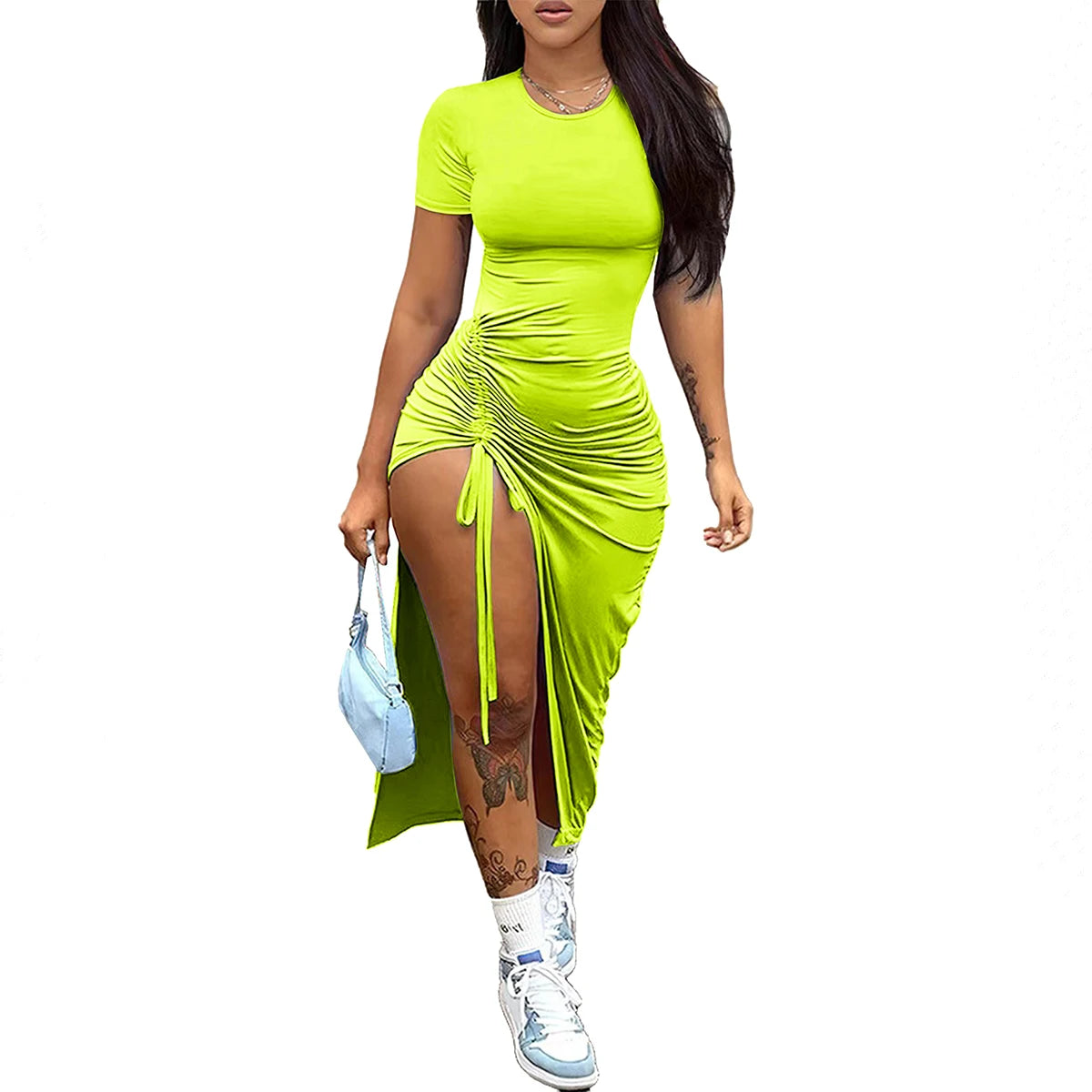 Vestido de mujer de moda, sexy, ajustado, plisado, de color liso, con abertura y cordón ajustable.