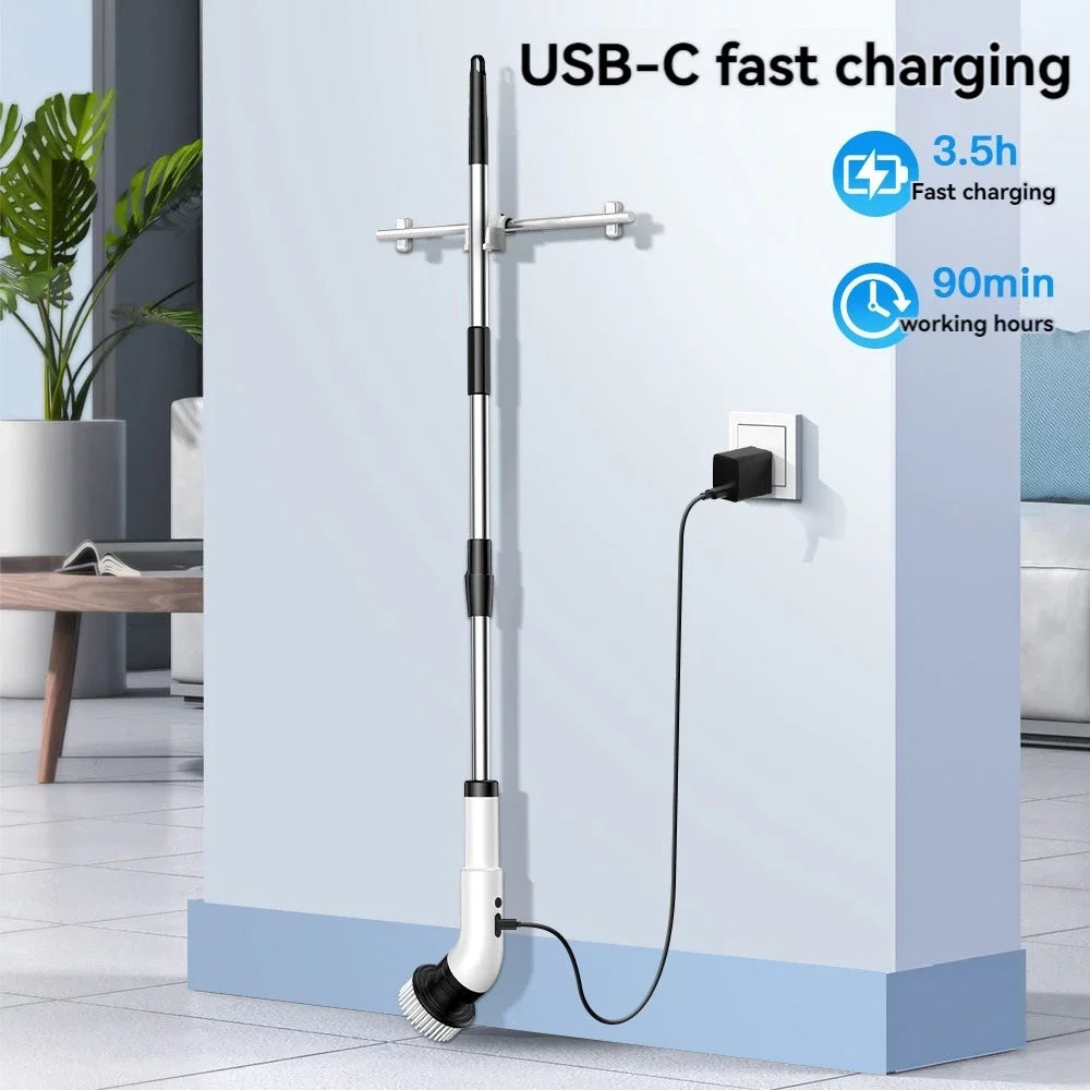 Cepillo de limpieza eléctrico 9 en 1 inalámbrico telescópico de mano para el hogar, cocina, suelo y baño, con 9 cabezales de limpieza.