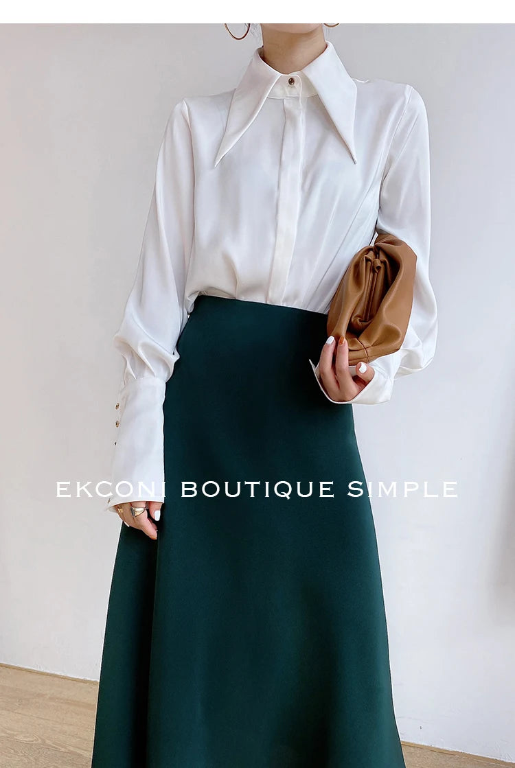 Blusa de mujer elegante de estilo vintage para otoño, ideal para la oficina, con cuello vuelto y mangas largas.
