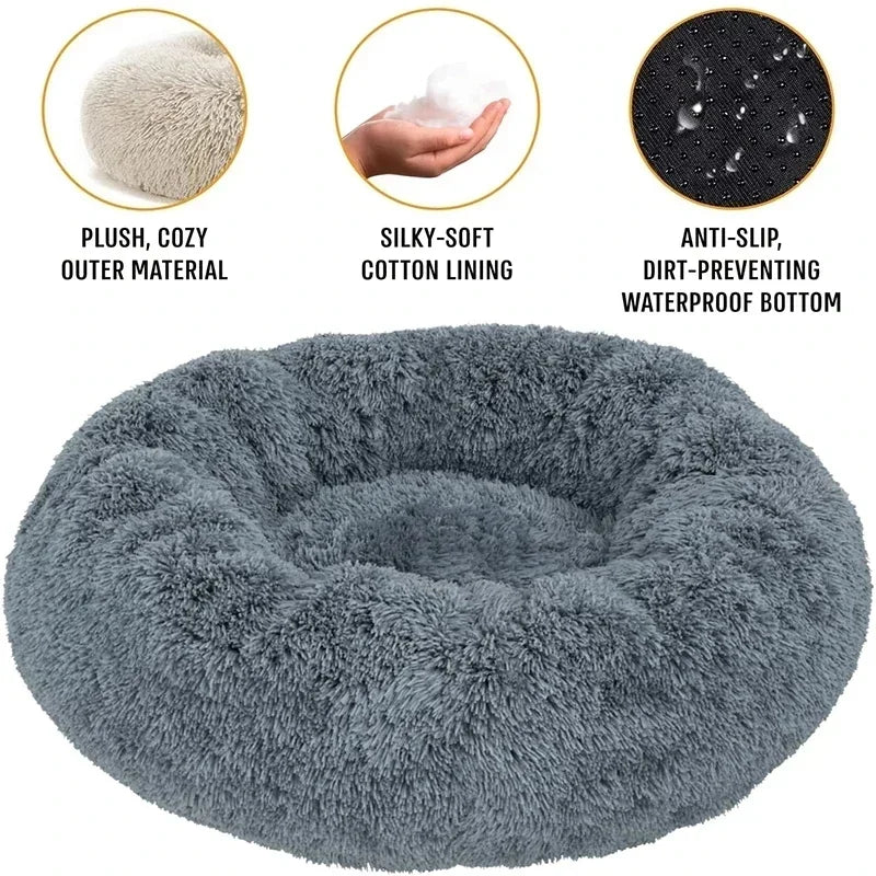 Cama para gatos de pelo largo ultrasuave, de felpa lavable, cama relajante tipo donut, cómoda y funcional.