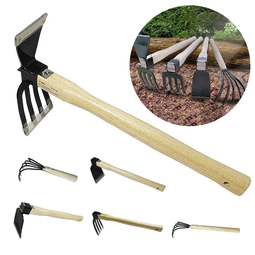 Rastrillo de mano para jardín con mango de madera, azada de doble propósito, azada y cultivador para cavar, desherbar, jardinería y cultivo.