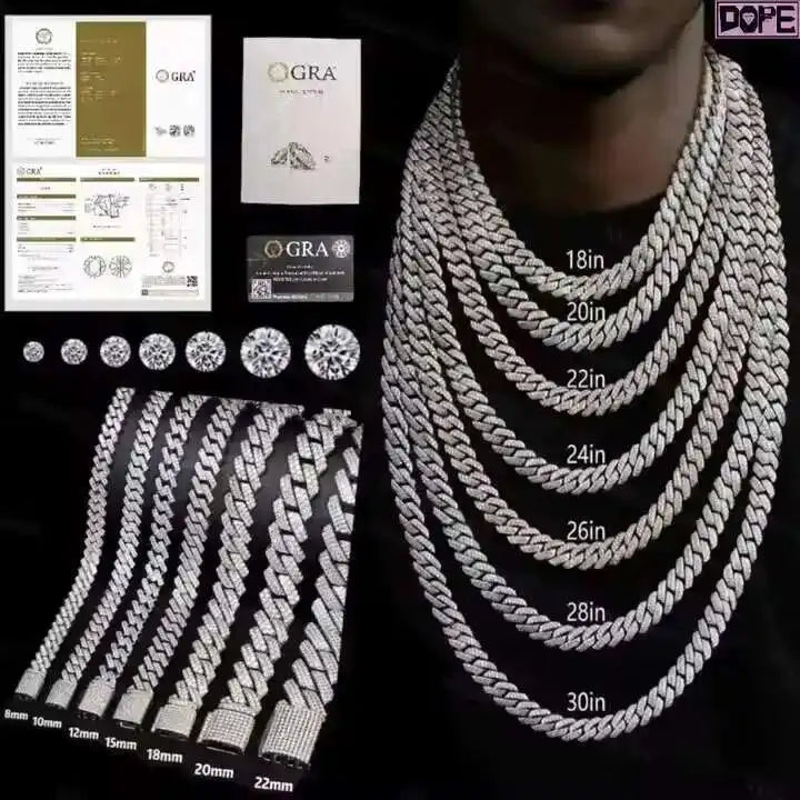 Cadena cubana de plata de 18 mm para hombre, chapada en oro blanco, S925 D VVS Moissanite.