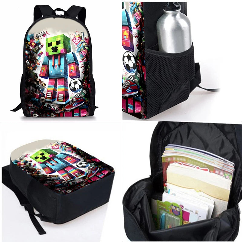Juego My World: Mochilas de tres piezas con personajes para niños y niñas. El mejor regalo. Mochila escolar con diseño de dibujos animados en 2D para niños.