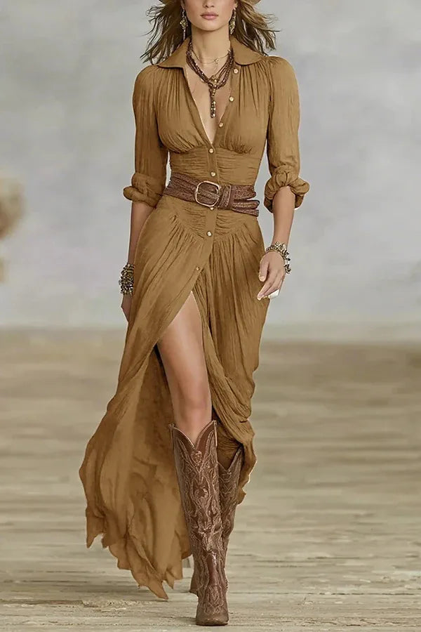 Vestido de mujer sexy de moda, nuevo, francés retro, escote en V, cintura plisada, suelto, abertura, estilo elegante, manga larga, vestidos para mujer, bata femenina
