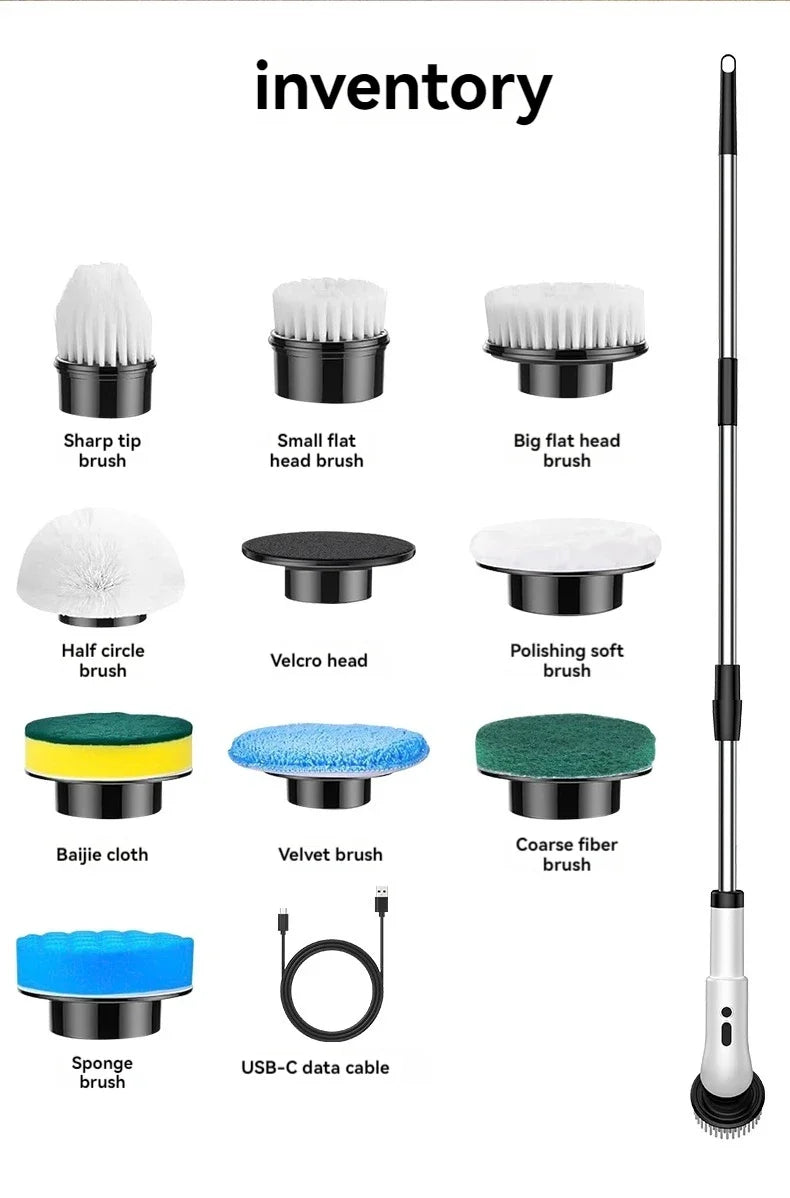 Cepillo de limpieza eléctrico 9 en 1 inalámbrico telescópico de mano para el hogar, cocina, suelo y baño, con 9 cabezales de limpieza.
