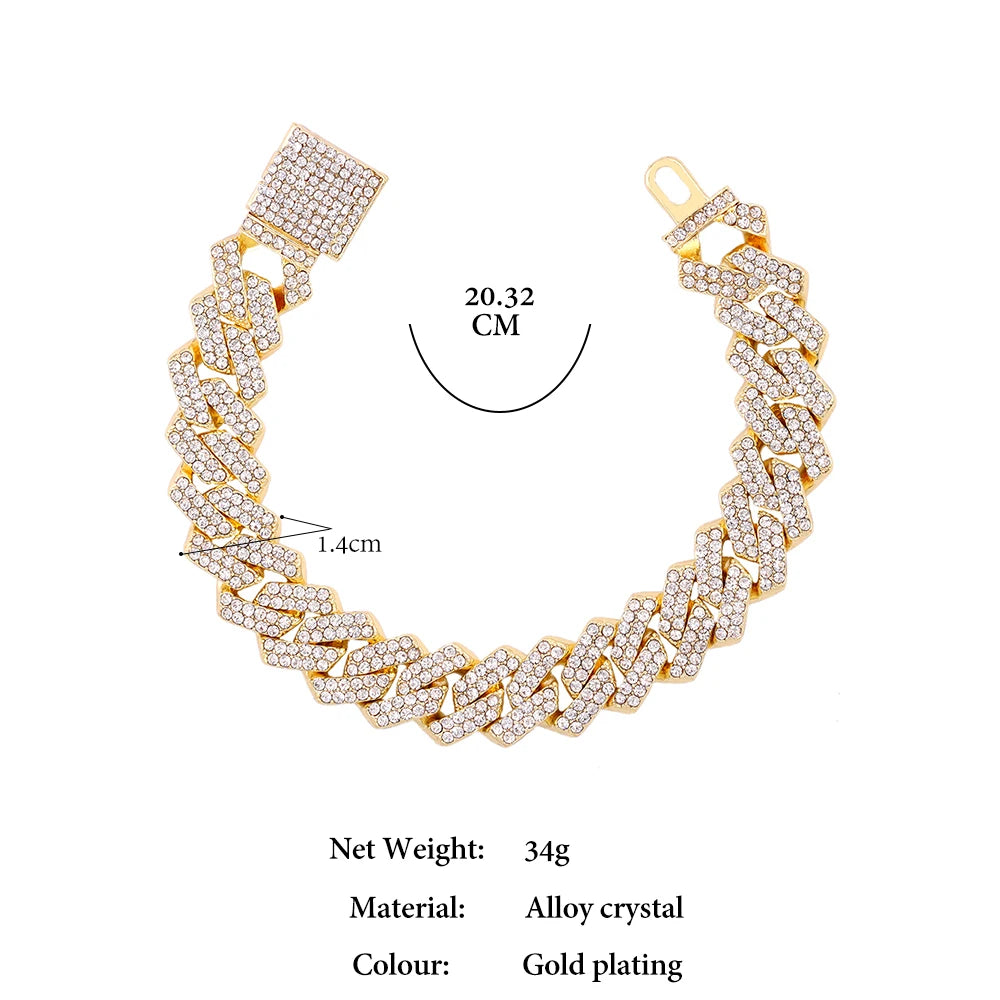 Collar de eslabones cubanos Miami de 14 mm color plata para mujer, con incrustaciones de diamantes de imitación en dos filas, gargantilla cuadrada de eslabones cubanos.
